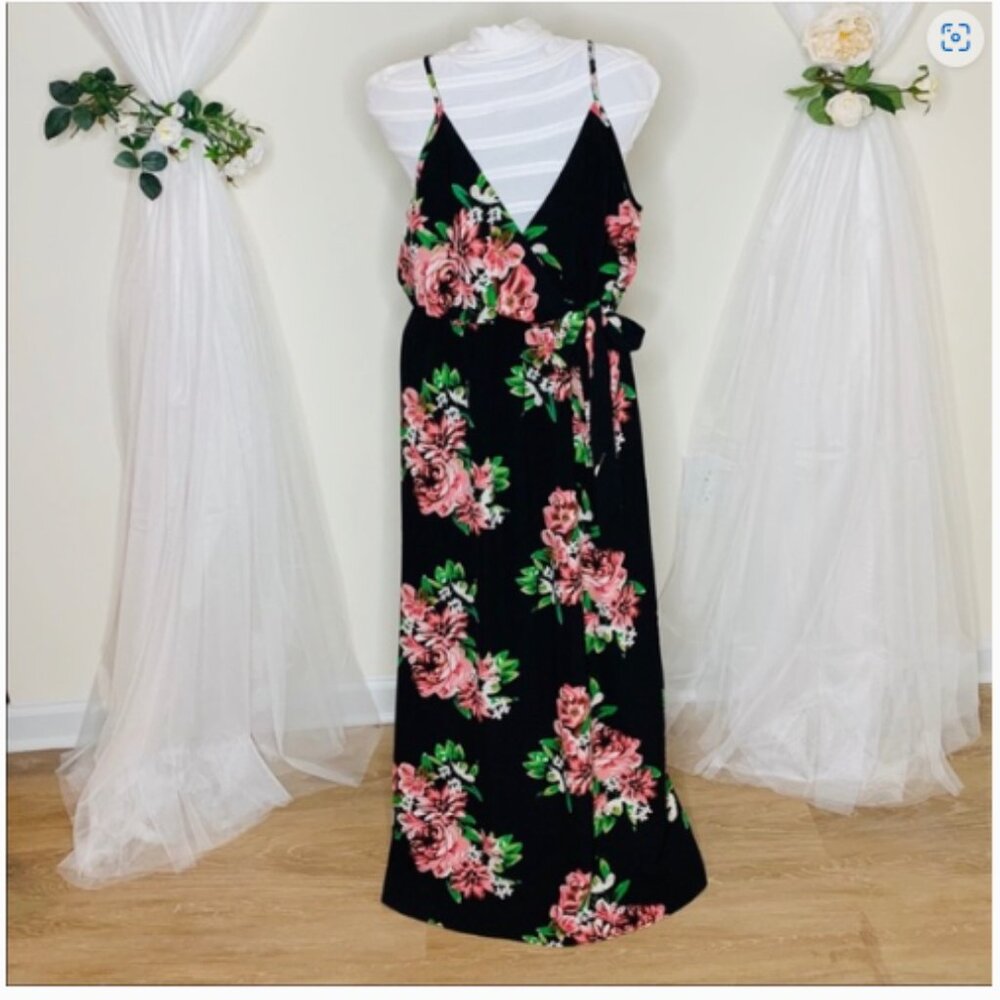 Dream of Me L Black Pink Floral Maxi Dress Spaghetti Strap V‑Neck Tie Waist